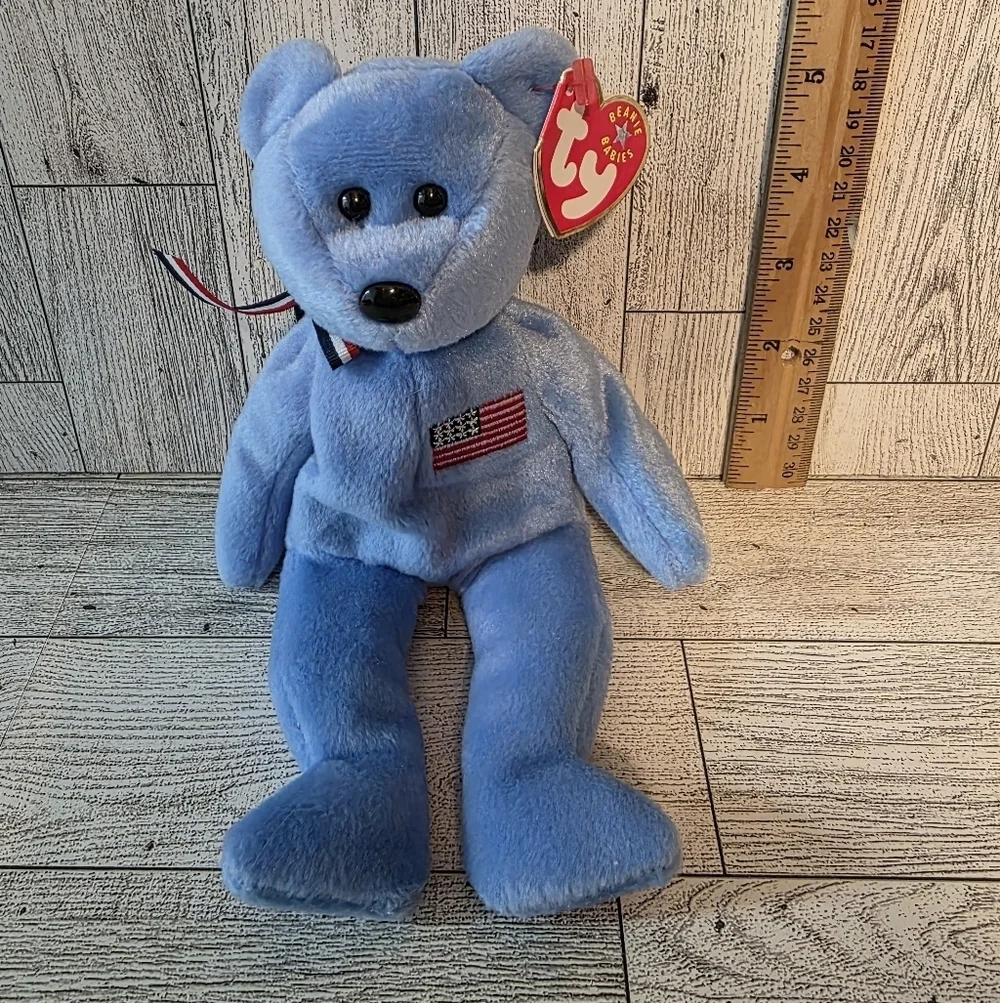 Ty America Light Blue Plush Bear with Flag Patch